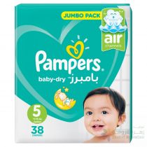 PAMPERS BABY-DRY DIAPERS, SIZE 5, JUNIOR, 11-16KG, JUMBO PACK, 38 COUNT