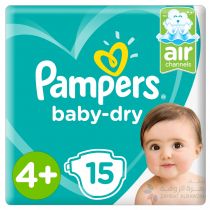 PAMPERS BABY-DRY DIAPERS, SIZE 4+, MAXI+, 10-15KG, CARRY PACK, 15 COUNT