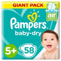 PAMPERS BABY-DRY DIAPERS, SIZE 5+, JUNIOR +, 12-17 KG, GIANT PACK 58 COUNT