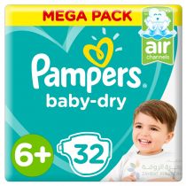 PAMPERS BABY-DRY DIAPERS, SIZE 6+, EXTRA LARGE+, 14+KG, MEGA PACK, 32 COUNT